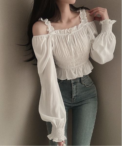 gossip！ロサンゼルス（ゴシップロサンゼルス）の「Y2K フリルリボンギャザーオフショルブラウス（Tシャツ/カットソー・レディース・ピンク/ホワイト/ブラック・FREE）」の17枚目の写真