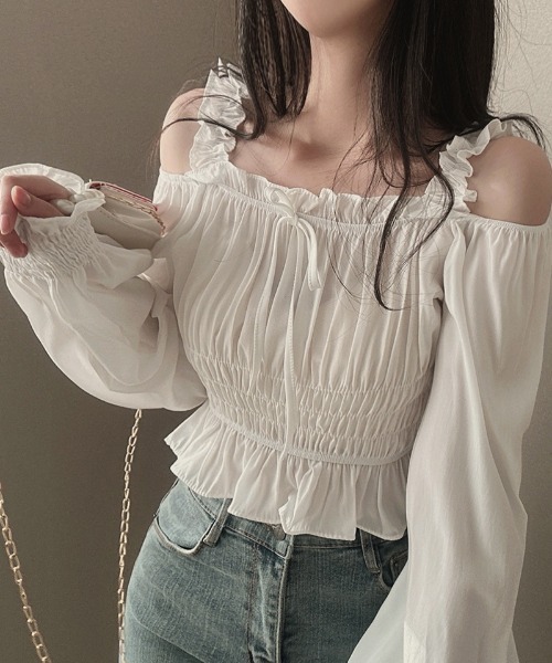 gossip！ロサンゼルス（ゴシップロサンゼルス）の「Y2K フリルリボンギャザーオフショルブラウス（Tシャツ/カットソー・レディース・ピンク/ホワイト/ブラック・FREE）」の5枚目の写真