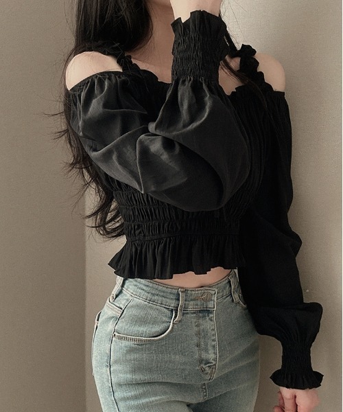 gossip！ロサンゼルス（ゴシップロサンゼルス）の「Y2K フリルリボンギャザーオフショルブラウス（Tシャツ/カットソー・レディース・ピンク/ホワイト/ブラック・FREE）」の8枚目の写真