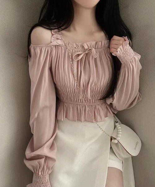gossip！ロサンゼルス（ゴシップロサンゼルス）の「Y2K フリルリボンギャザーオフショルブラウス（Tシャツ/カットソー・レディース・ピンク/ホワイト/ブラック・FREE）」の10枚目の写真