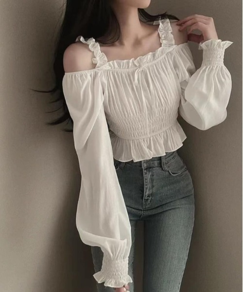 gossip！ロサンゼルス（ゴシップロサンゼルス）の「Y2K フリルリボンギャザーオフショルブラウス（Tシャツ/カットソー・レディース・ピンク/ホワイト/ブラック・FREE）」の11枚目の写真