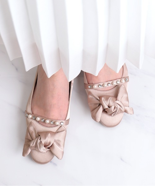 DIANA ピンク リボン付きバレエシューズ 24.5 ビッグリボン メリージェーンバレエシューズ（バレエシューズ
