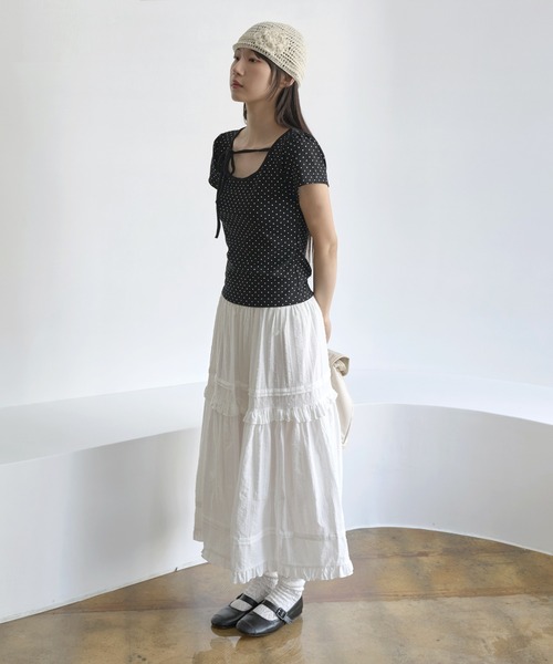 UNE MANSION（ユヌマンション）の「【UNE ORIGINAL】ラブリーくるくるストリングショルダーパフフロントリボンドットパターンTシャツカットソー（Tシャツ/カットソー・レディース・グレー/ブラック/ホワイト・MEDIUM/SMALL）」の21枚目の写真