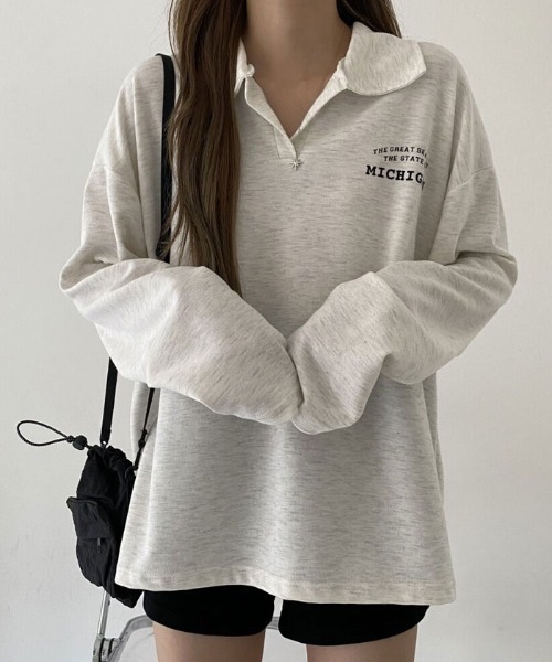 NANAHACHI(ナナハチ)の「オーバーサイズ ポロスウェット(Tシャツ/カットソー・レディース・オートミール/ブラック/ダークグリーン・FREE)」の3枚目の写真