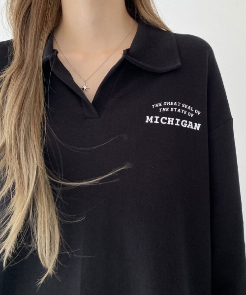 NANAHACHI(ナナハチ)の「オーバーサイズ ポロスウェット(Tシャツ/カットソー・レディース・オートミール/ブラック/ダークグリーン・FREE)」の4枚目の写真