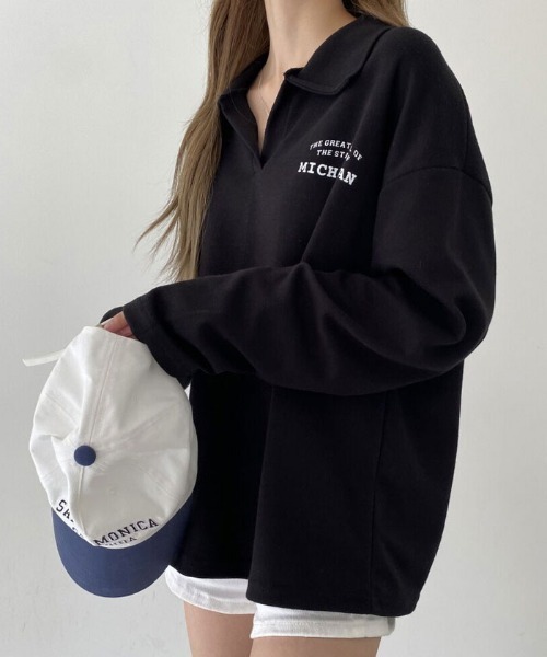 NANAHACHI(ナナハチ)の「オーバーサイズ ポロスウェット(Tシャツ/カットソー・レディース・オートミール/ブラック/ダークグリーン・FREE)」の20枚目の写真