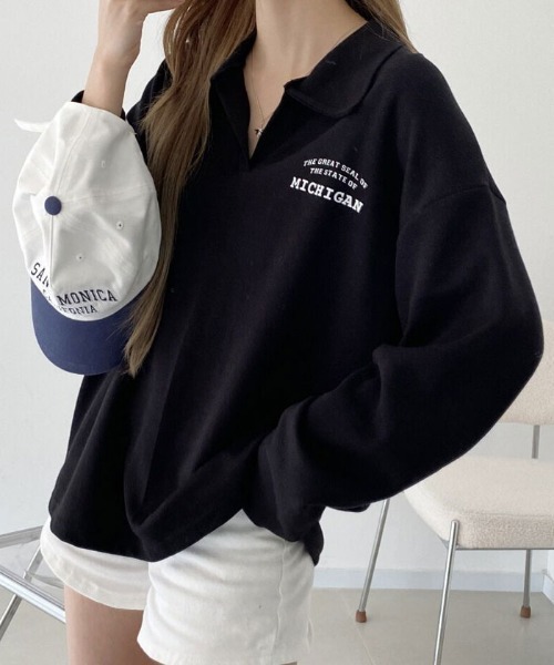 NANAHACHI(ナナハチ)の「オーバーサイズ ポロスウェット(Tシャツ/カットソー・レディース・オートミール/ブラック/ダークグリーン・FREE)」の19枚目の写真