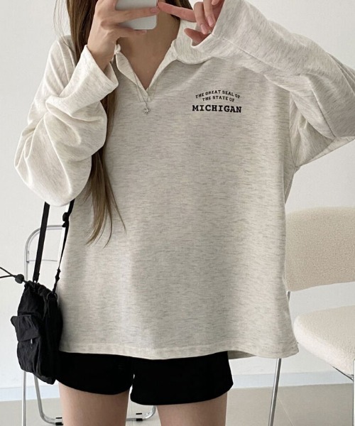 NANAHACHI(ナナハチ)の「オーバーサイズ ポロスウェット(Tシャツ/カットソー・レディース・オートミール/ブラック/ダークグリーン・FREE)」の15枚目の写真