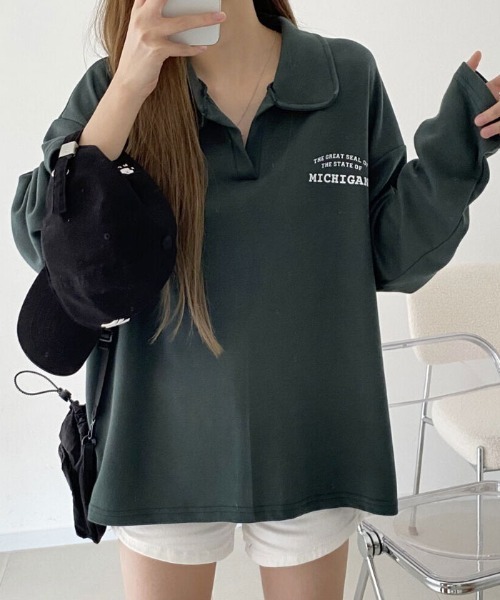 NANAHACHI(ナナハチ)の「オーバーサイズ ポロスウェット(Tシャツ/カットソー・レディース・オートミール/ブラック/ダークグリーン・FREE)」の14枚目の写真