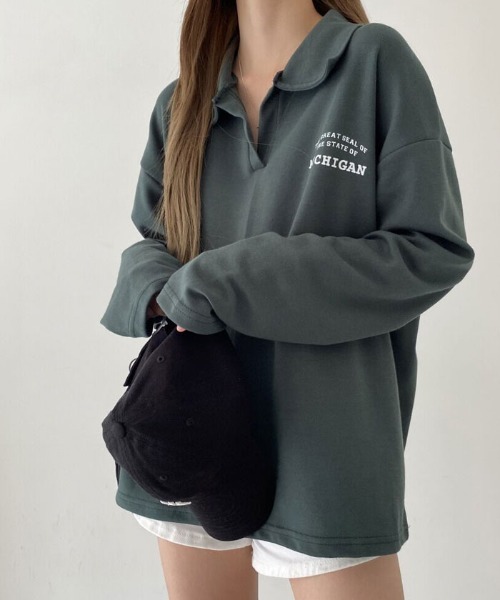 NANAHACHI(ナナハチ)の「オーバーサイズ ポロスウェット(Tシャツ/カットソー・レディース・オートミール/ブラック/ダークグリーン・FREE)」の12枚目の写真