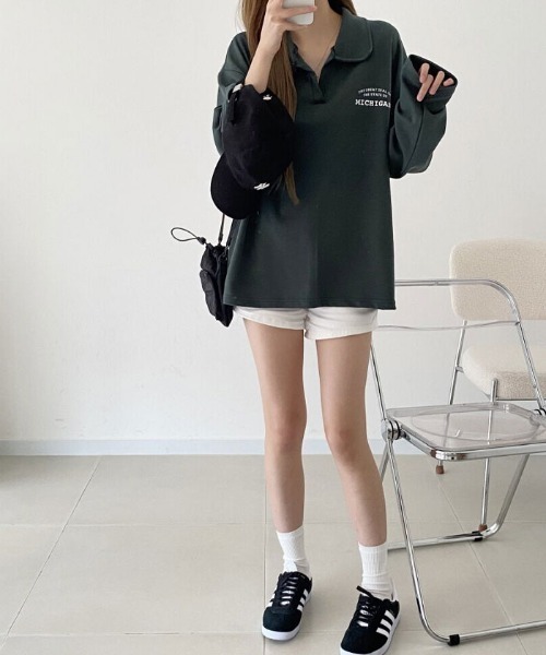 NANAHACHI(ナナハチ)の「オーバーサイズ ポロスウェット(Tシャツ/カットソー・レディース・オートミール/ブラック/ダークグリーン・FREE)」の11枚目の写真