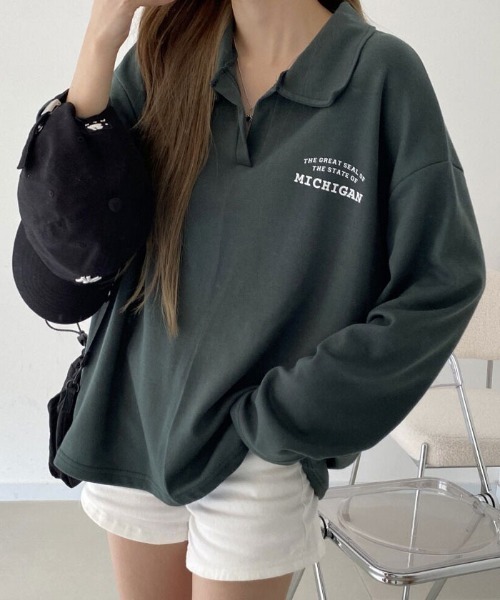 NANAHACHI(ナナハチ)の「オーバーサイズ ポロスウェット(Tシャツ/カットソー・レディース・オートミール/ブラック/ダークグリーン・FREE)」の10枚目の写真