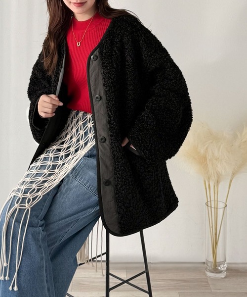 Java(ジャバ)の「《JaVaジャバコラボ》オーバーサイズがトレンド!異素材切り替え配色ボアジャケット♪ アウター(ブルゾン・レディース・ブラック/アイボリー/カーキ/ベージュ・LARGE/MEDIUM/SMALL/X-LARGE)」の14枚目の写真