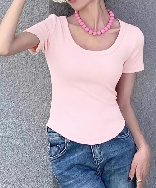 Lace Ladies(レースレディース)の「ラウンドネック ベーシック 半袖 Tシャツ トップス(Tシャツ/カットソー・レディース・パープル/ホワイト/ピンク/アイボリー/ブラック/ブルー/グレー・FREE)」の7枚目の写真