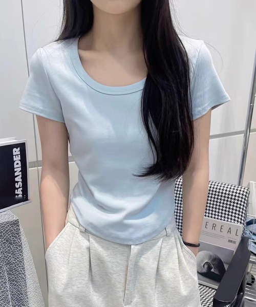 Lace Ladies(レースレディース)の「ラウンドネック ベーシック 半袖 Tシャツ トップス(Tシャツ/カットソー・レディース・パープル/ホワイト/ピンク/アイボリー/ブラック/ブルー/グレー・FREE)」の5枚目の写真