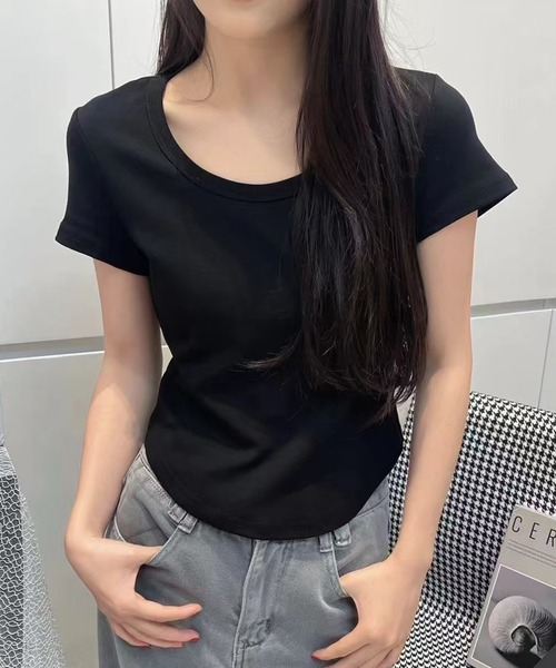 Lace Ladies(レースレディース)の「ラウンドネック ベーシック 半袖 Tシャツ トップス(Tシャツ/カットソー・レディース・パープル/ホワイト/ピンク/アイボリー/ブラック/ブルー/グレー・FREE)」の1枚目の写真