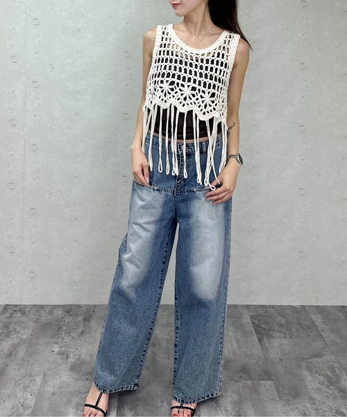 Per sist ence（パーシエンス）の「クロシェ編みフリンジベスト（ベスト・レディース・アイボリー/ブラック・ONE SIZE）」の4枚目の写真