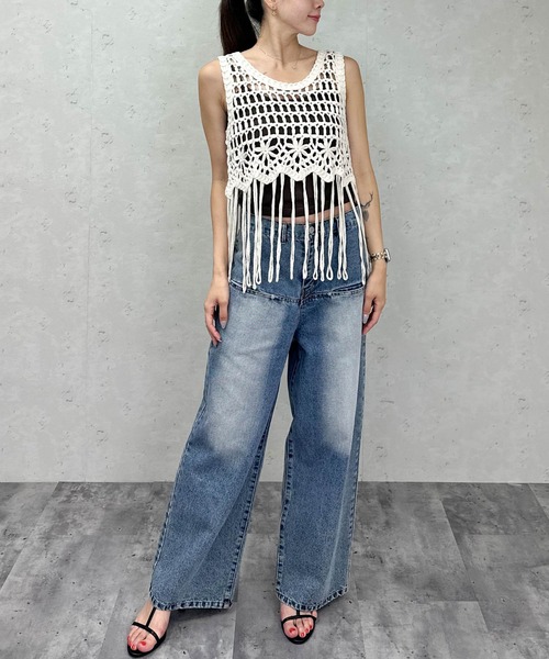 Per sist ence（パーシエンス）の「クロシェ編みフリンジベスト（ベスト・レディース・アイボリー/ブラック・ONE SIZE）」の9枚目の写真