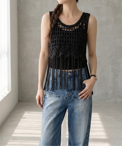 Per sist ence（パーシエンス）の「クロシェ編みフリンジベスト（ベスト・レディース・アイボリー/ブラック・ONE SIZE）」の16枚目の写真