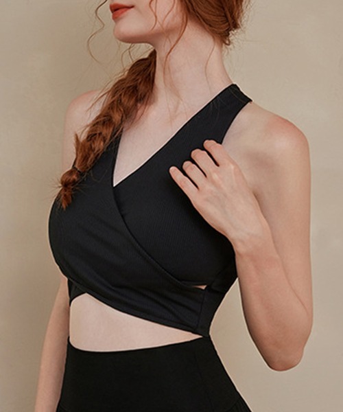 セール】レディース カシュクール風カップ付きリブスポーツブラトップ セール】レディース カシュクール風カップ付きリブスポーツブラトップ
