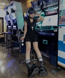 Cest Nous（セヌー）の「【Cest Nous】Black and Gray Short-sleeved T-shirts / 【セヌー】クロップ半袖Tシャツシアーチュニックレイヤードトップス（ワンピース）」