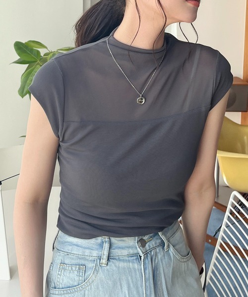 セール】ノースリーブ ハイネックシアートップス（Tシャツ/カットソー