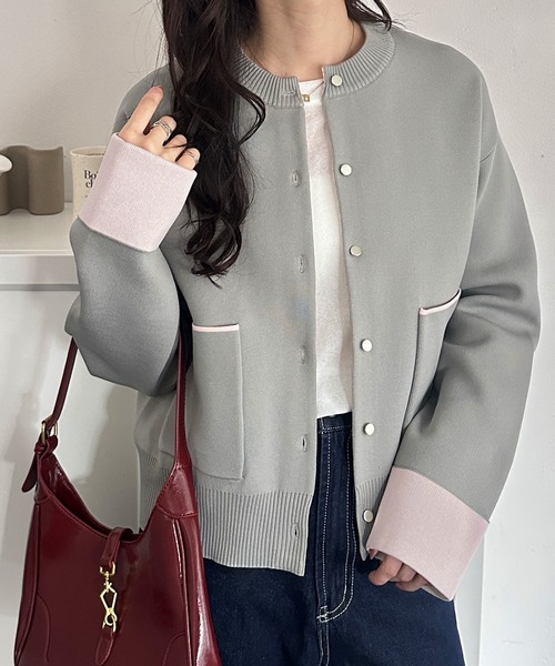 セール】ゴールドボタン配色カラーニットカーディガン（カーディガン