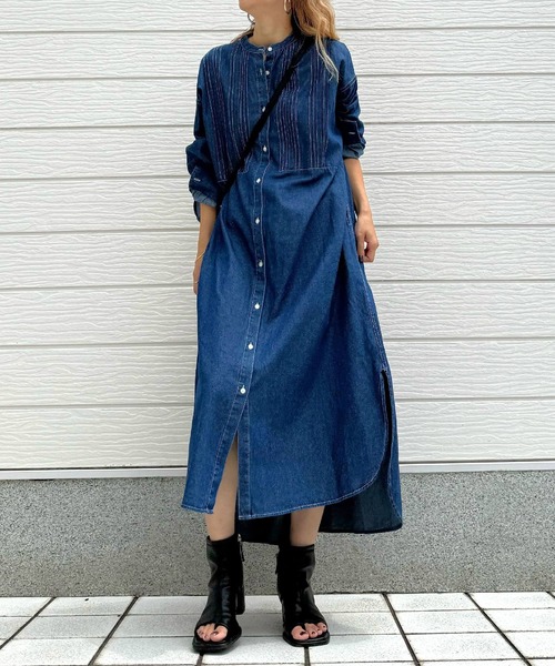 Q（キュー）の「ピンタックデニムワンピース（シャツワンピース・レディース・ネイビー/ブラック・MEDIUM）」の2枚目の写真