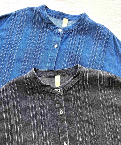 Q（キュー）の「ピンタックデニムワンピース（シャツワンピース・レディース・ネイビー/ブラック・MEDIUM）」の7枚目の写真