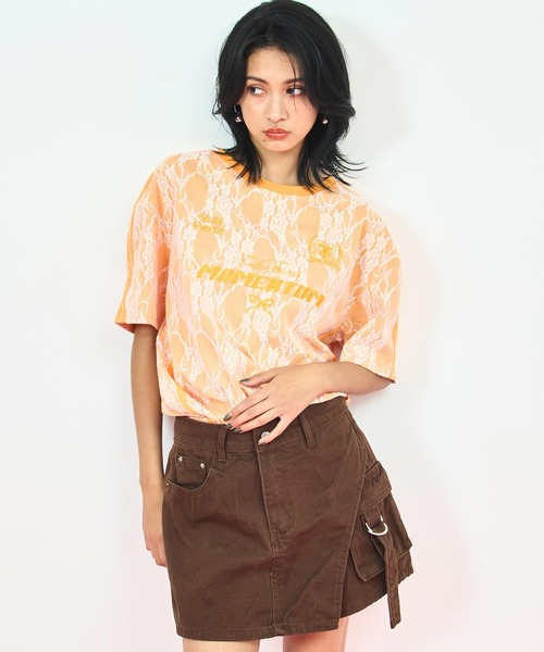 ANAP(アナップ)の「ゲーミング 刺繍 ライン レース Tシャツ(Tシャツ/カットソー・レディース・オレンジ/ホワイト/ピンク/ブラック・FREE)」の1枚目の写真