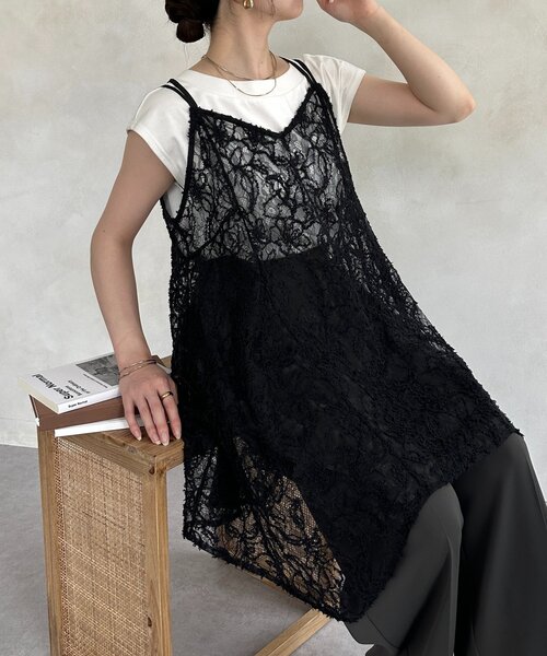 Print Camisole LaceTunic プリントキャミレースチュニック セール】カットレースチュニックキャミ（キャミソール）｜Thevon
