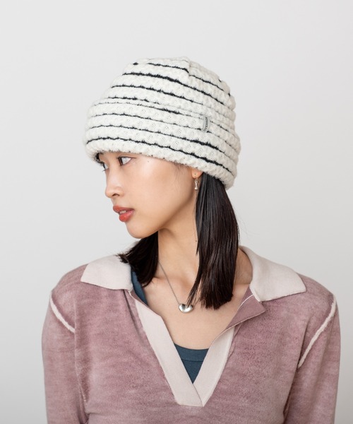 OVERRIDE(オーバーライド)の「OVERRIDE BOUCLE BORDER KNIT WATCH SG / オーバーライド(ニットキャップ/ビーニー・レディース・ホワイト/ブラック/パープル・57~59cm)」の8枚目の写真