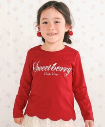 SLAP SLIP（スラップスリップ）の「無地ボーダーイチゴ花刺しゅう裾スカラップTシャツ(80~130cm)（Tシャツ/カットソー・キッズ）」