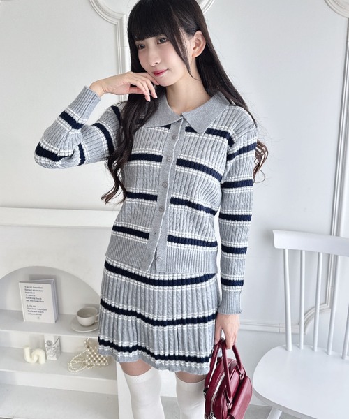 セール】マルチボーダーケーブルニットセットアップ（ワンピース