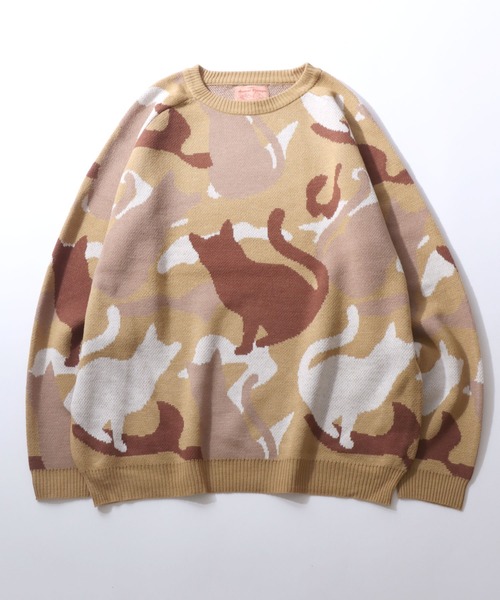 SITRY（シトリー）の「Cat Camouflage Pattern Double Jacquard Knit Pullover/猫 カモフラ  オーバーサイズ ダブルジャガード ニット セーター（ニット/セーター・メンズ・グレー系その他/ベージュ系その他/グリーン系その他・M/L/LL）」の2枚目の写真