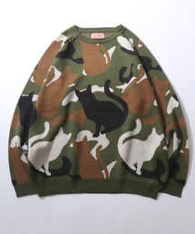 Cat Camouflage Pattern Double Jacquard Knit Pullover/猫 カモフラ オーバーサイズ ダブルジャガード ニット セーター