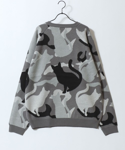 Cat Camouflage Pattern Double Jacquard Knit Pullover/猫 カモフラ