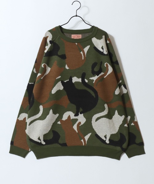 セール】Cat Camouflage Pattern Double Jacquard Knit Pullover/猫