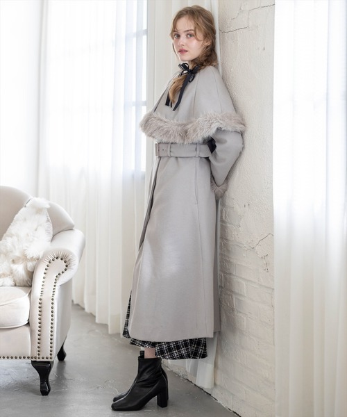 セール】ファー付き2wayケープロングコート[大人 フェミニン 上品 セール】ファー付き2wayケープロングコート[大人 フェミニン 上品