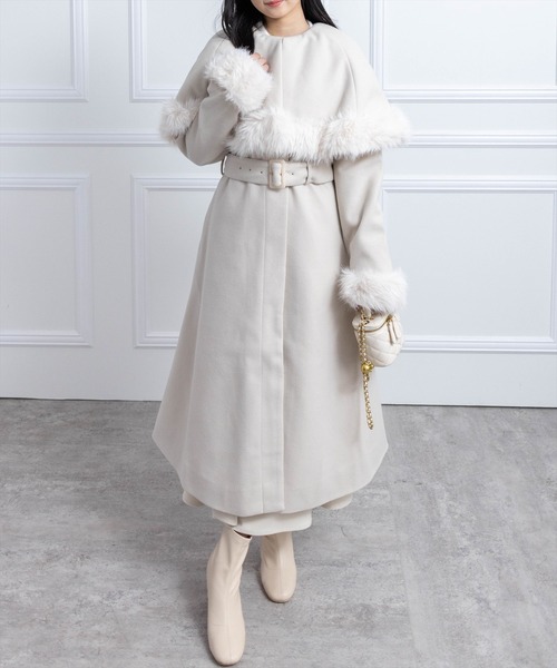 セール】ファー付き2wayケープロングコート[大人 フェミニン 上品