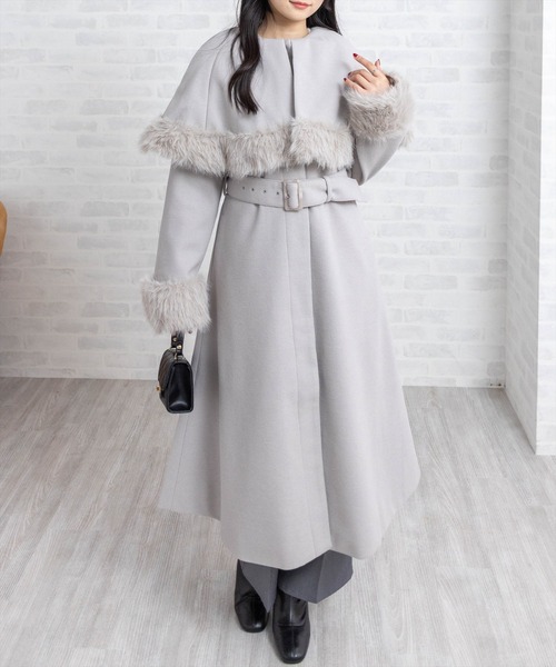 セール】ファー付き2wayケープロングコート[大人 フェミニン 上品