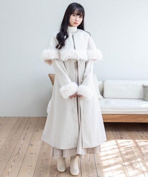 セール】ファー付き2wayケープロングコート[大人 フェミニン 上品