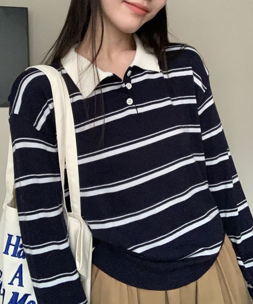 HALEY PESCA（ヘーリーペスカ）の「HALEY PESCA/マルチボーダーラガーニット（ニット/セーター・レディース・ピンク/ネイビー・FREE）」の3枚目の写真