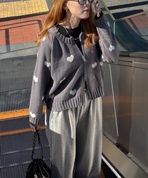 ISOOK | 【ISOOK / アイスー】ハート柄ニットカーディガン / ダブルジップ ファスナー ニット セーター クロップド丈 ショート丈 厚手 クルーネック 丸首 羽織り ネイビー グレー ZOZOTOWN限定(カーディガン/ボレロ)