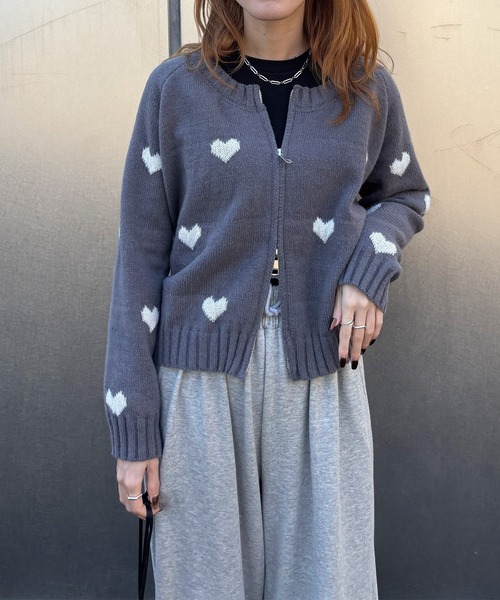 ISOOK（アイスー）の「【ISOOK / アイスー】ハート柄ニットカーディガン / ダブルジップ ファスナー ニット セーター クロップド丈 ショート丈 厚手 クルーネック 丸首 羽織り ネイビー グレー ZOZOTOWN限定（カーディガン/ボレロ・レディース・ネイビー/グレー・FREE）」の20枚目の写真