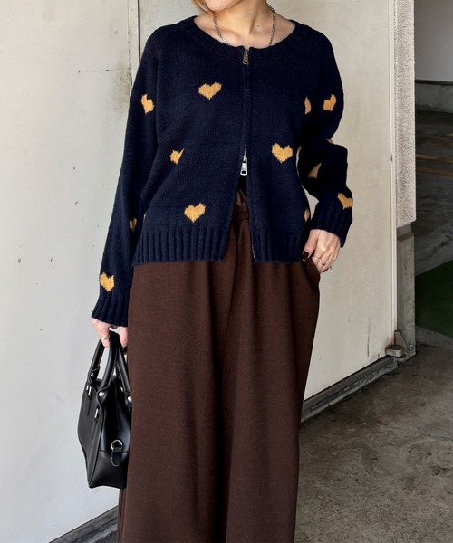 ISOOK カーディガン ISOOK / アイスー】ハート柄ニットカーディガン / ダブルジップ