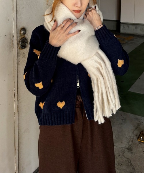 ISOOK / アイスー】ハート柄ニットカーディガン / ダブルジップ