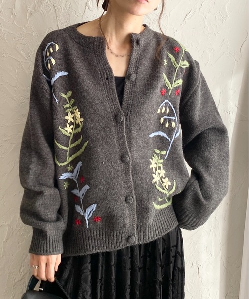 セール】花柄フラワー刺繍長袖ニットカーディガン（カーディガン