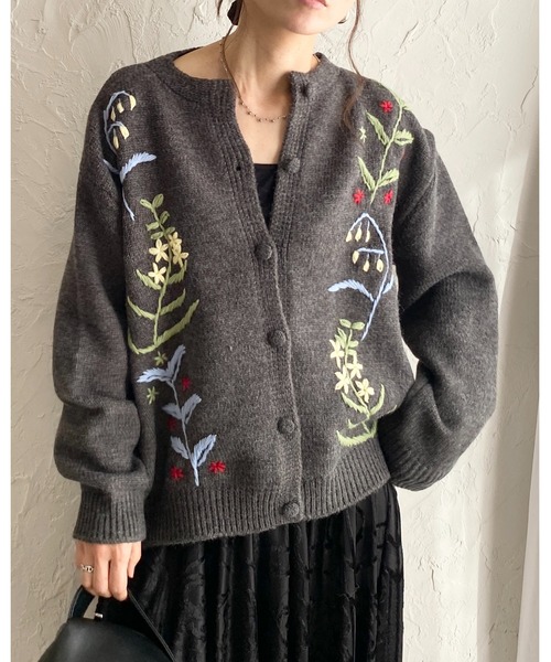 セール】花柄フラワー刺繍長袖ニットカーディガン（カーディガン