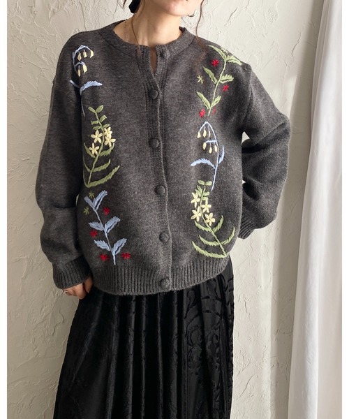 セール】花柄フラワー刺繍長袖ニットカーディガン（カーディガン